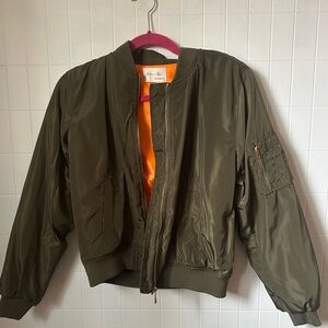 Active USA Olive Green Bomber Jacket with Bright Orange Lining and Pink Trim